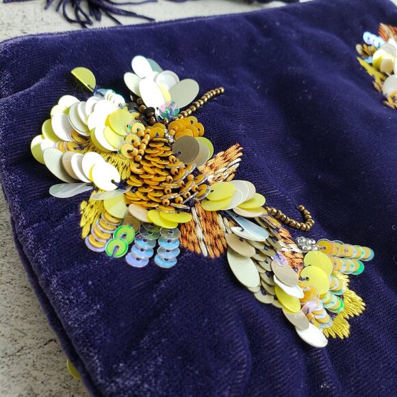 Anthropologie Purse Velour Velvet Monogram Everyday Pouch Zip Sequin Embroidered - Picture 10 of 12